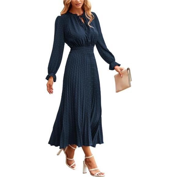 PRETTYGARDEN Women's 2025 Spring Fall Midi Dress Casual Long Sleeve V Neck - Picture 1 of 7